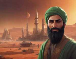 Scence is on mars. There is a Muslim religious leader at the forefront. A mosque is in the background.