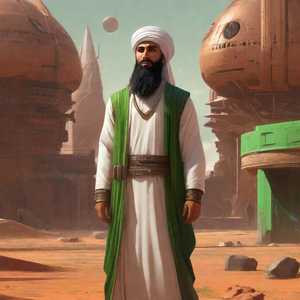 Image of a man wearing traditional Middle Eastern Islamic clothing standing on the planet mars. Behind him is a market.